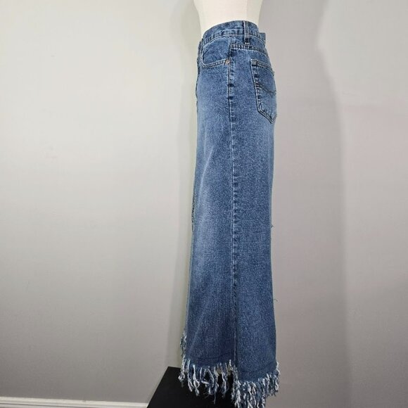 Vintage Canyon River Blues Patchwork Denim Jean Maxi Skirt 11 Womens Distressed - Picture 3 of 14
